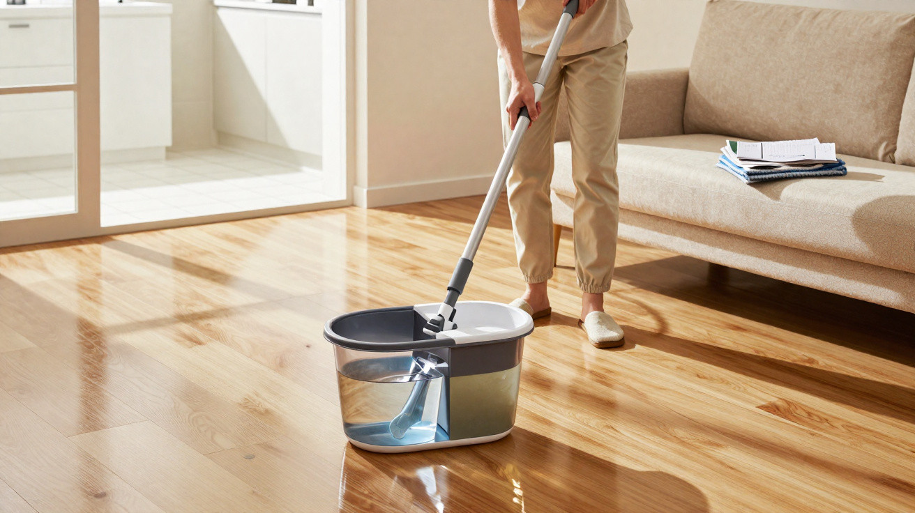 Person mopping a shiny wooden floor in a bright living room beside a beige sofa with books on it.