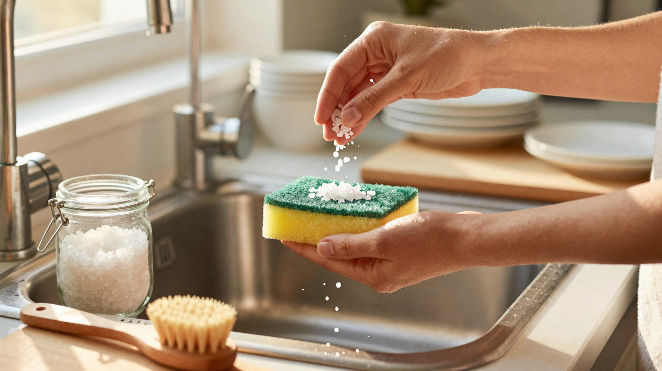 Hands sprinkling cleaning powder onto a yellow and green sponge above a kitchen sink with cleaning tools nearby.