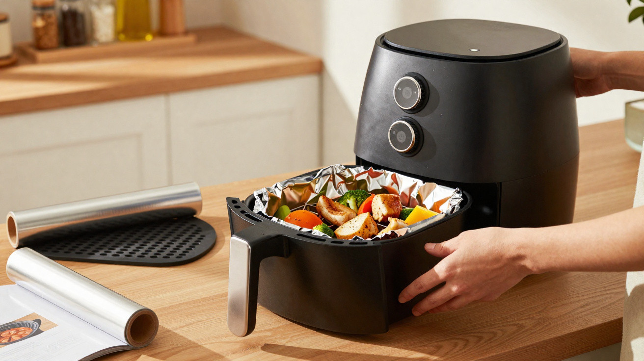 Person removing a basket of cooked vegetables from a black air fryer on a wooden kitchen countertop.