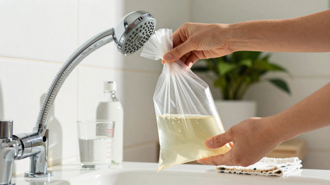 Hands holding a plastic bag filled with yellow liquid over a bathroom sink with a faucet and glass bottle.