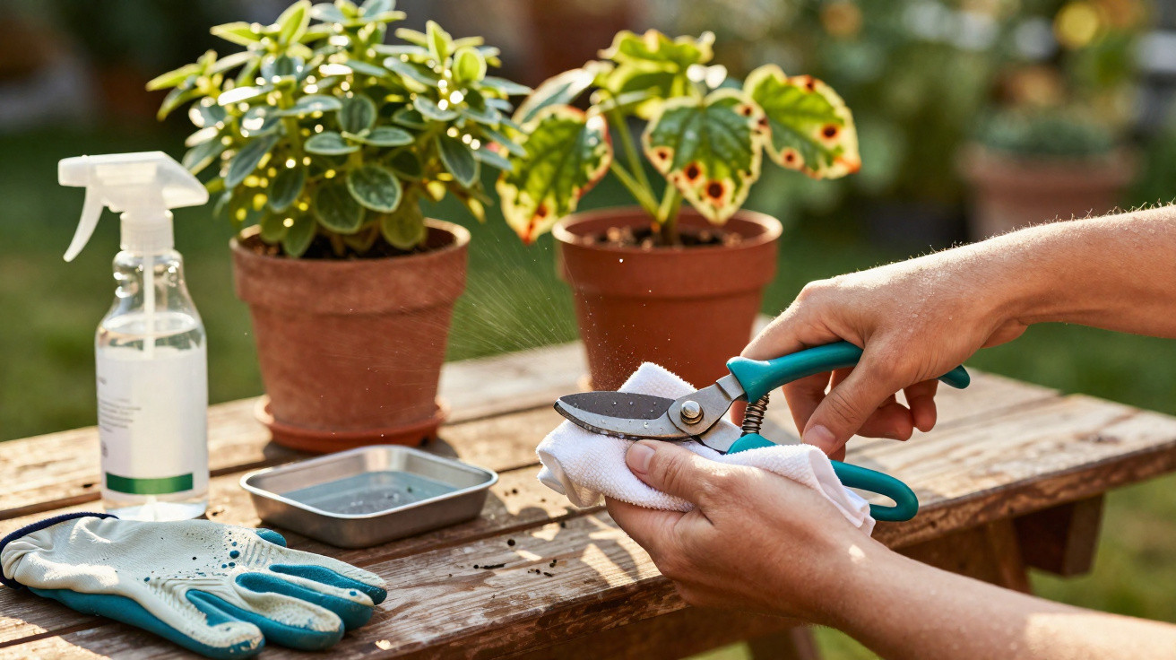 Hands cleaning garden shears with a cloth on a wooden table near potted plants and gardening gloves.