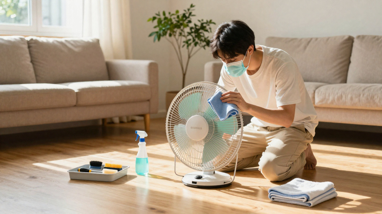 Person wearing a mask kneeling on the floor cleaning a white electric fan with a cloth in a sunlit living room.