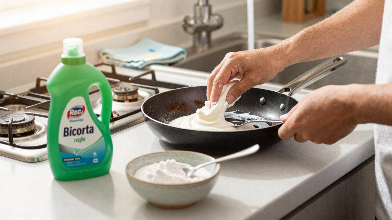 Person cleaning a frying pan with foam from a green bottle of Bicorta rapta detergent in a kitchen.