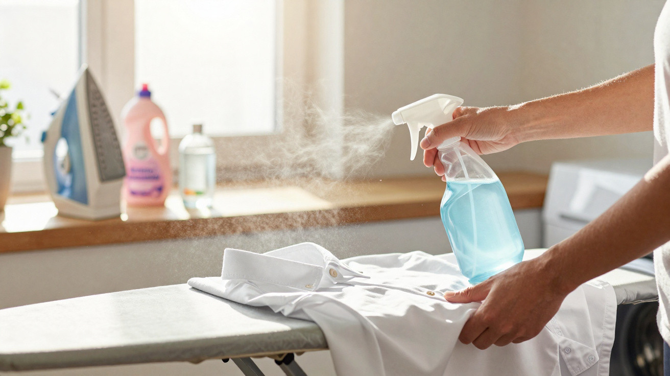 Person spraying blue liquid onto a white shirt on an ironing board with an iron in the background.