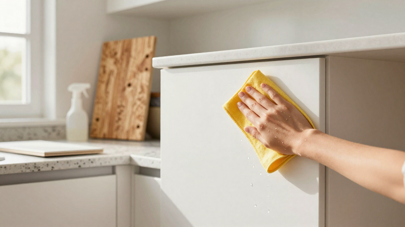 Hand wiping a white kitchen cabinet door with a yellow cloth in a modern kitchen.