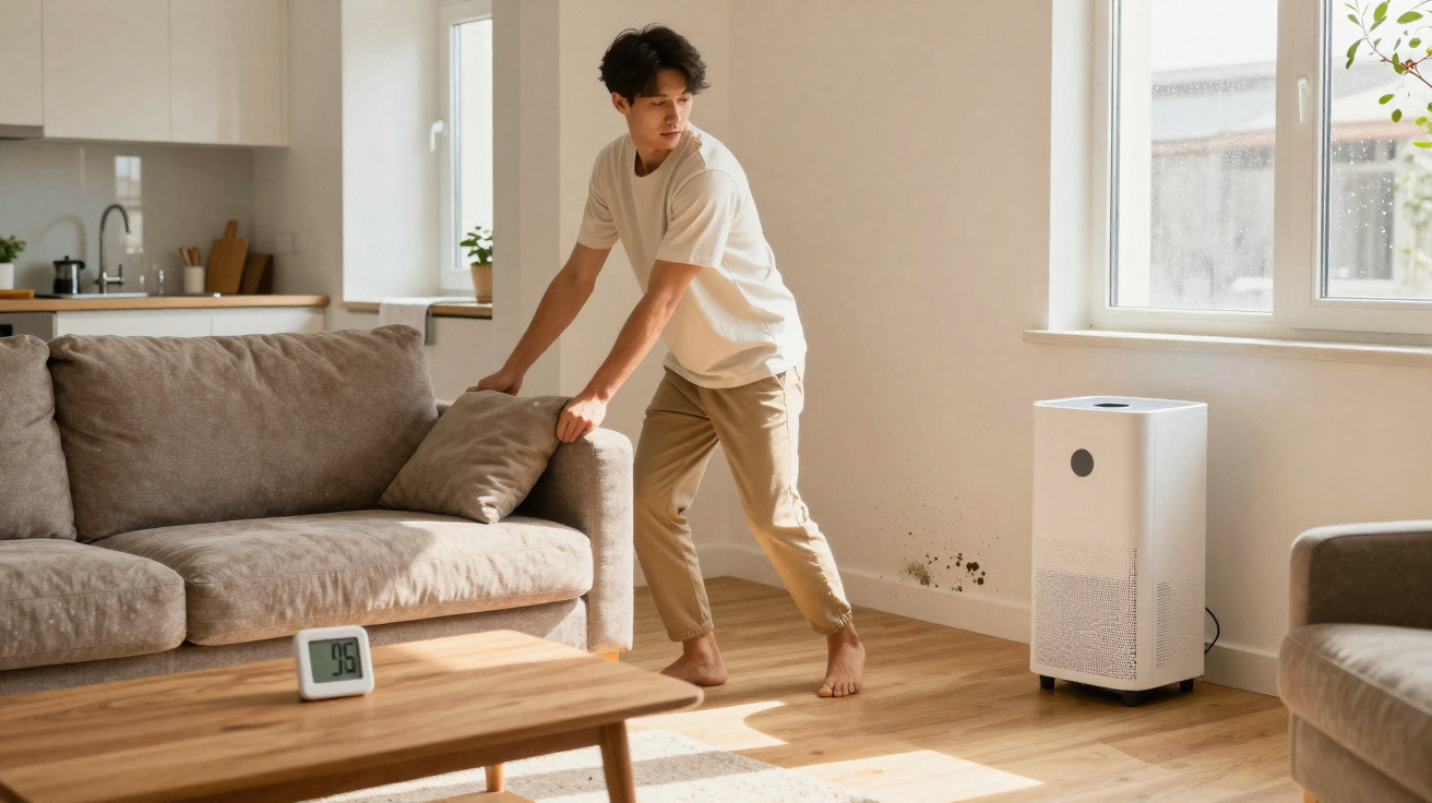 Young man moving a grey sofa cushion in a bright living room with an air purifier near a wall with mould.
