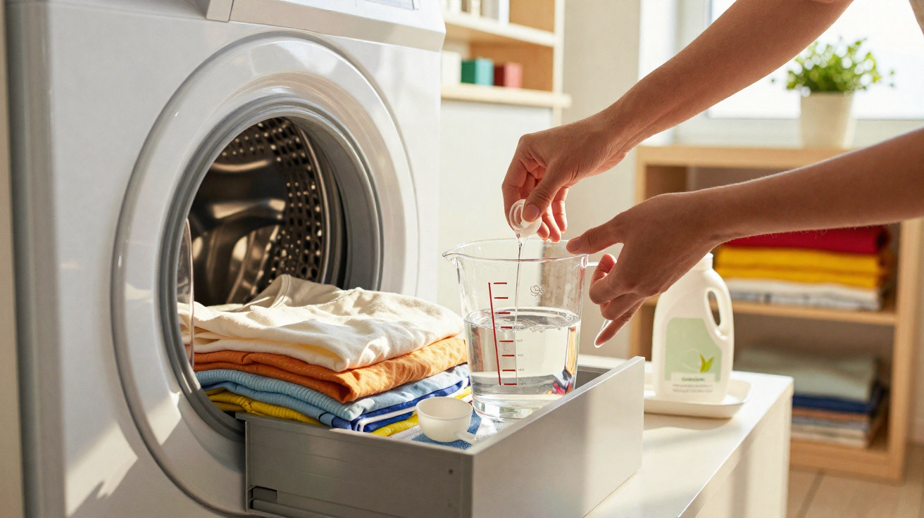 Hands measuring liquid detergent in a measuring cup next to a front-loading washing machine with folded clothes.