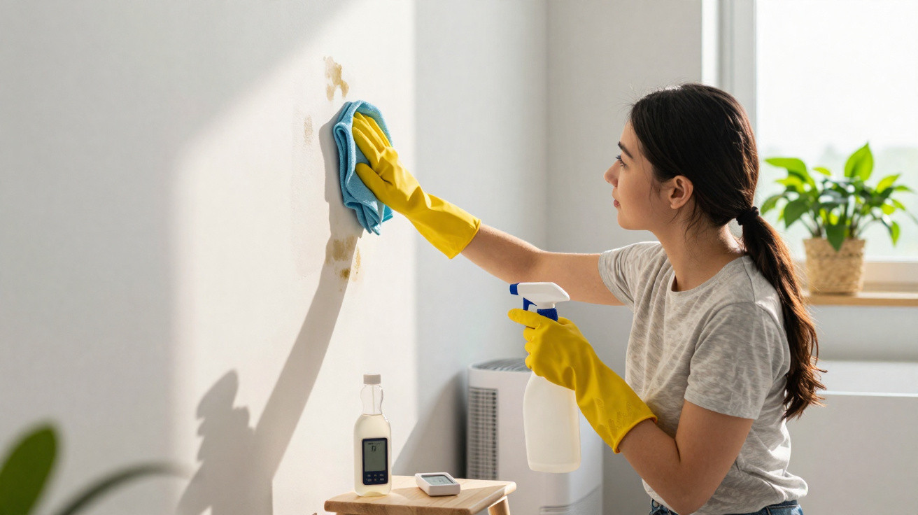 Woman wearing yellow gloves cleaning stains on a white wall with a cloth and spray bottle near a window.