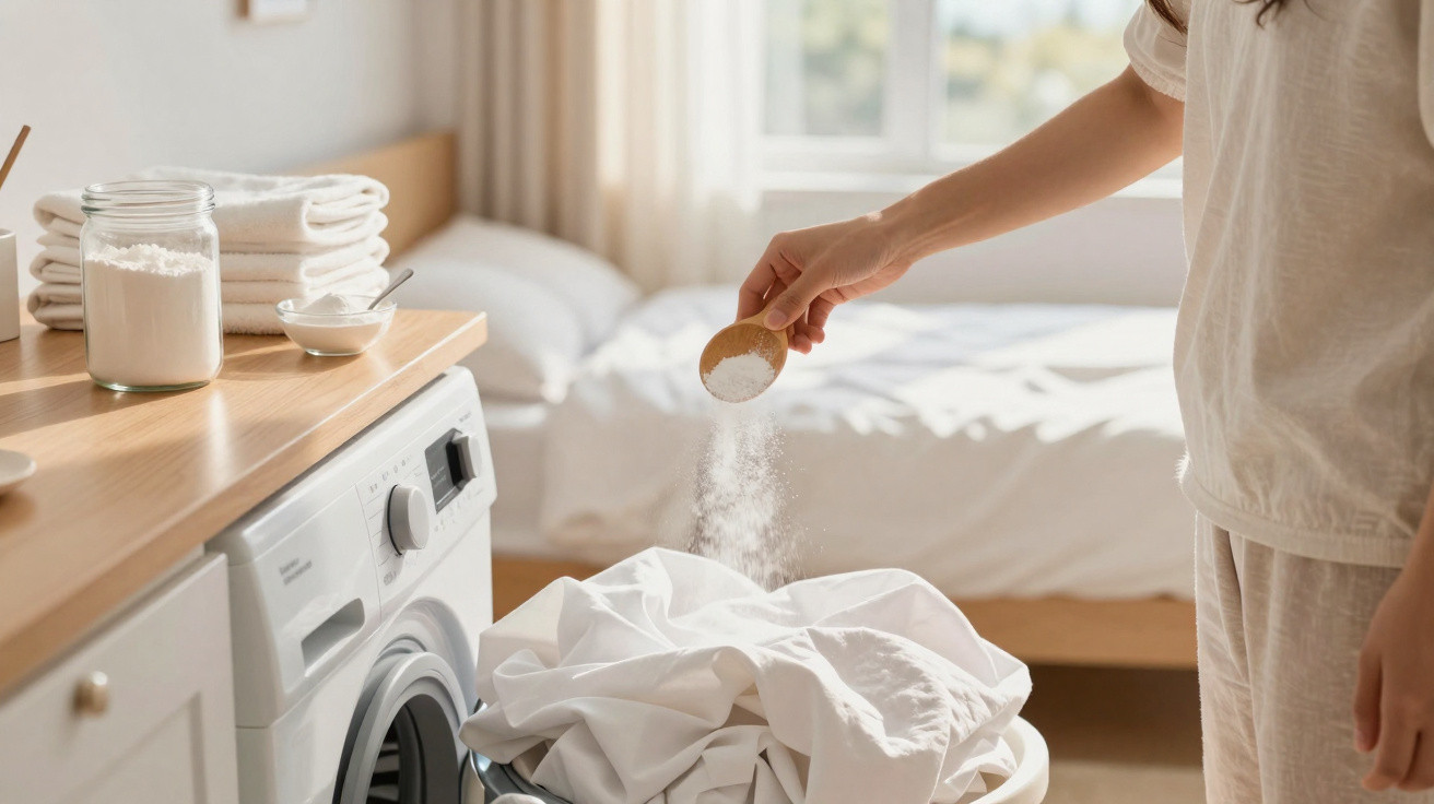 Person sprinkling detergent powder onto white laundry next to a washing machine in a bright bedroom.