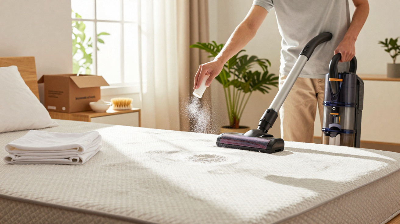Person using a vacuum cleaner and spray on a mattress stain in a bright bedroom with folded towels nearby.