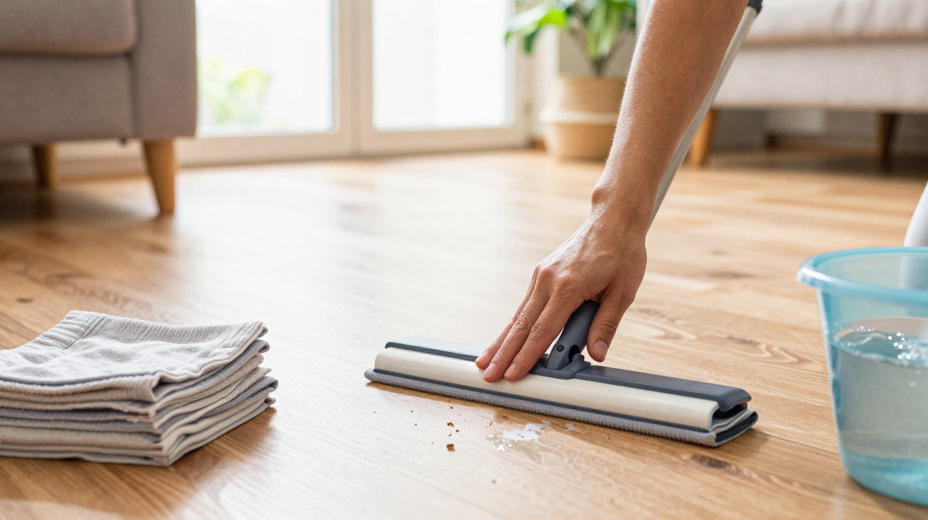 Hand using mop to clean wooden floor with dirt and water, stack of cloths and bucket nearby in living room.