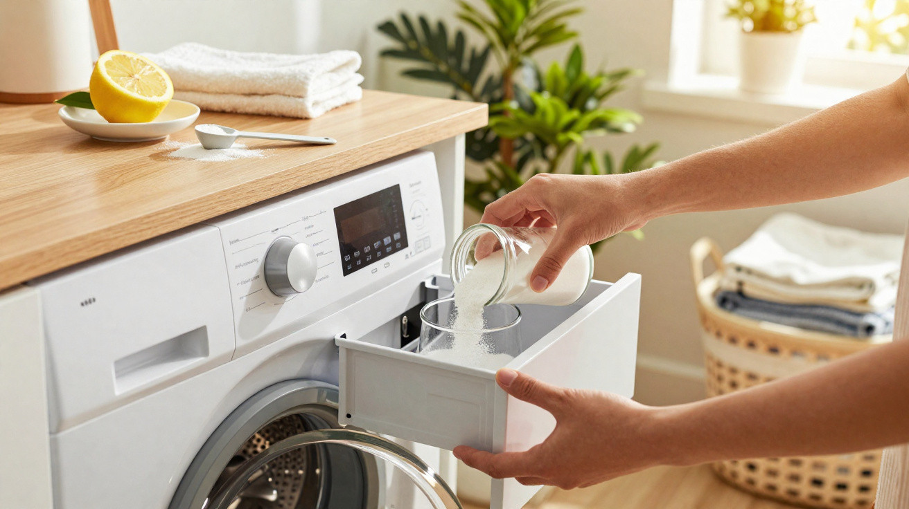 Person pouring washing powder into a washing machine drawer in a bright laundry room.