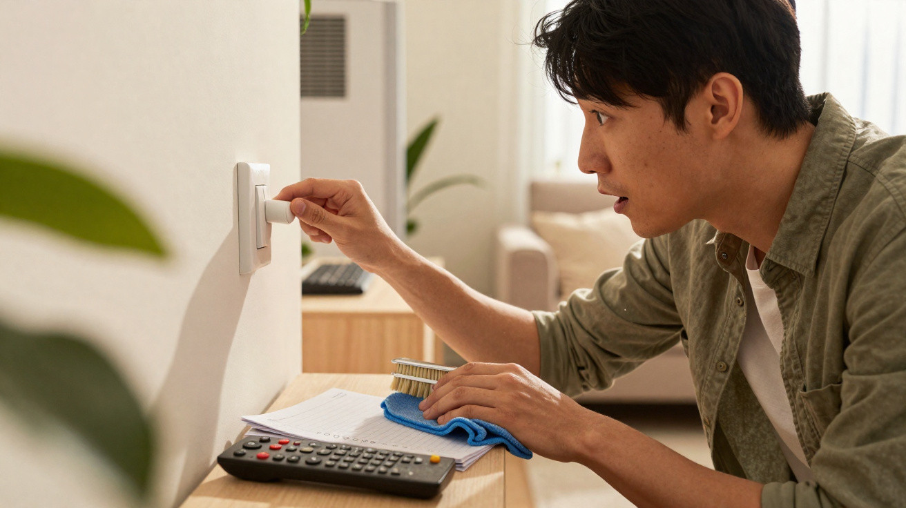 Man adjusting a wall thermostat while holding a brush and cleaning cloth in a living room setting.