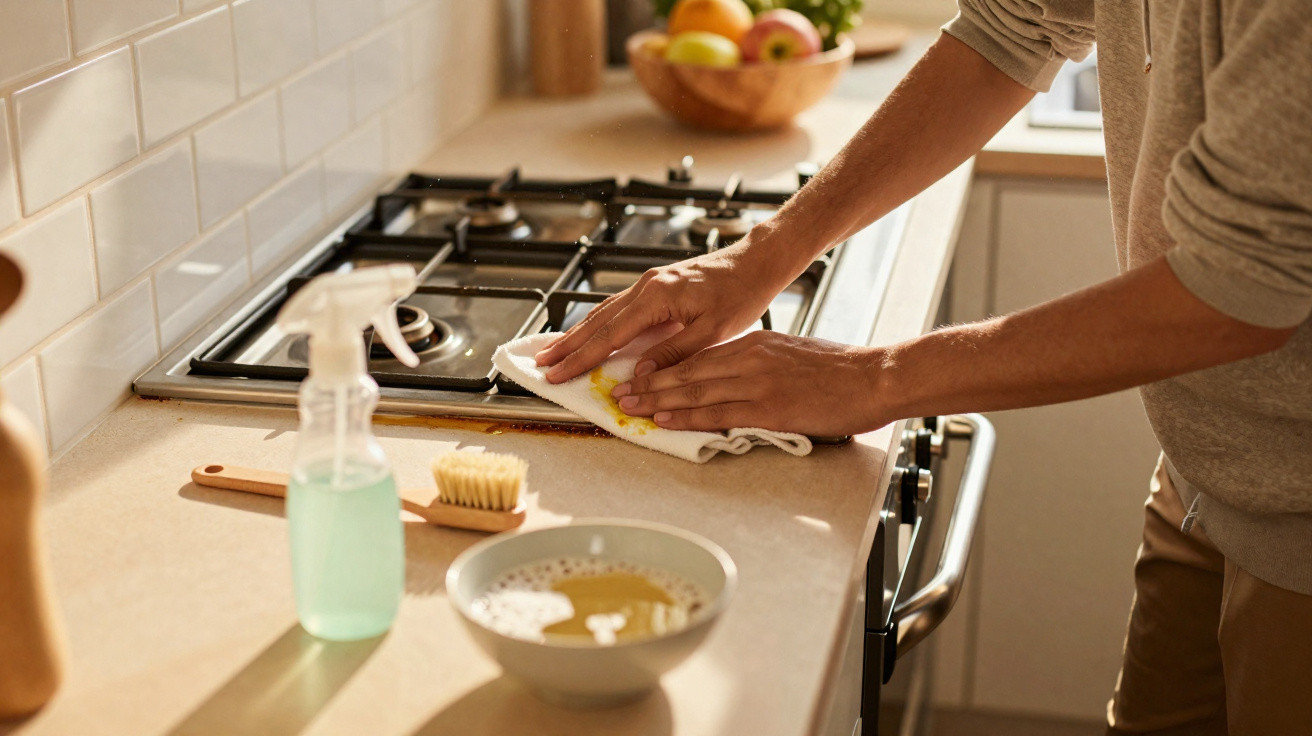 Person wiping kitchen countertop near gas stove with cleaning spray, brush, and bowl nearby in a sunny kitchen.
