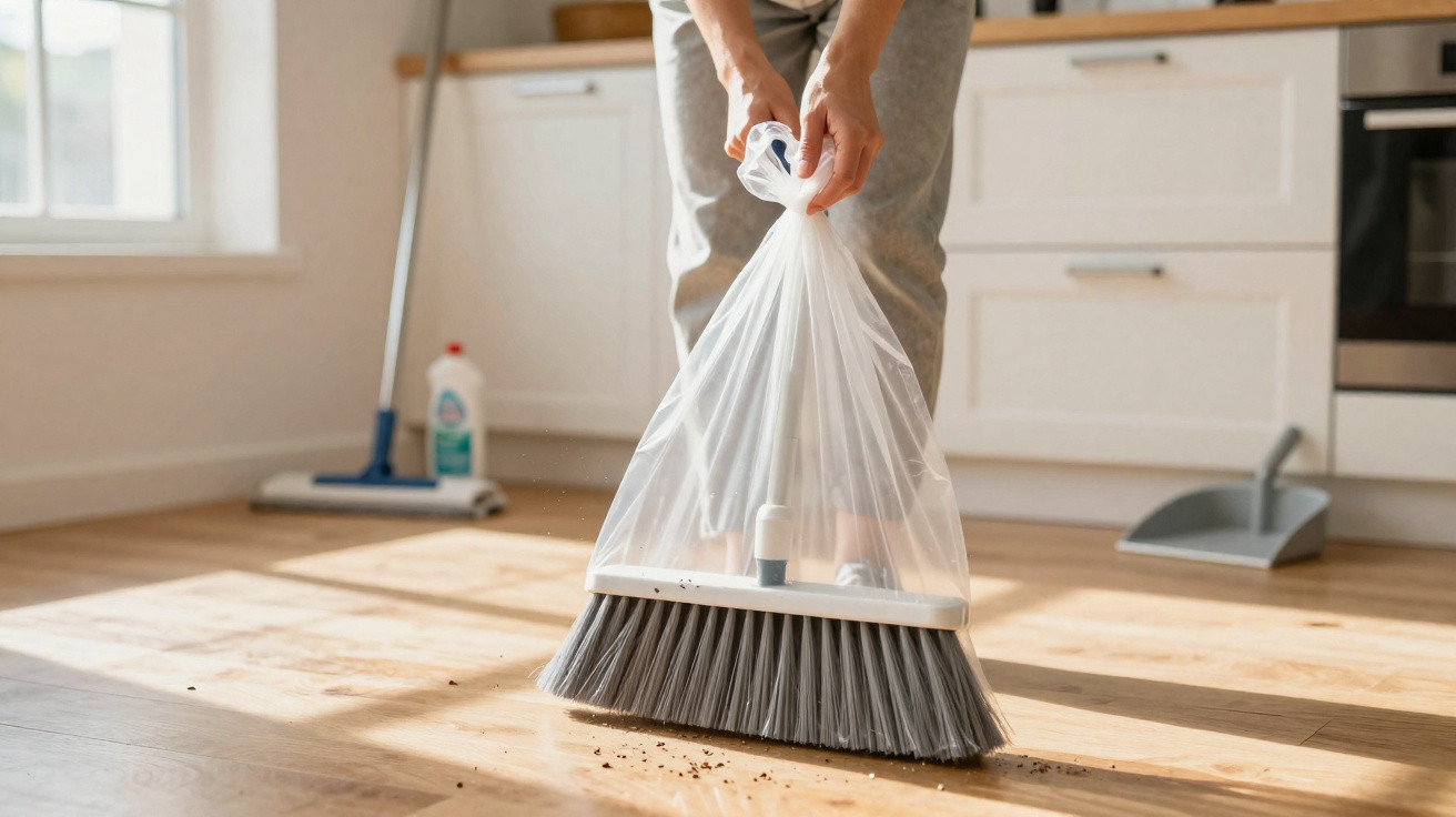 Person holding a plastic bag attached to a broom for easy disposal of floor dirt in a sunlit kitchen.