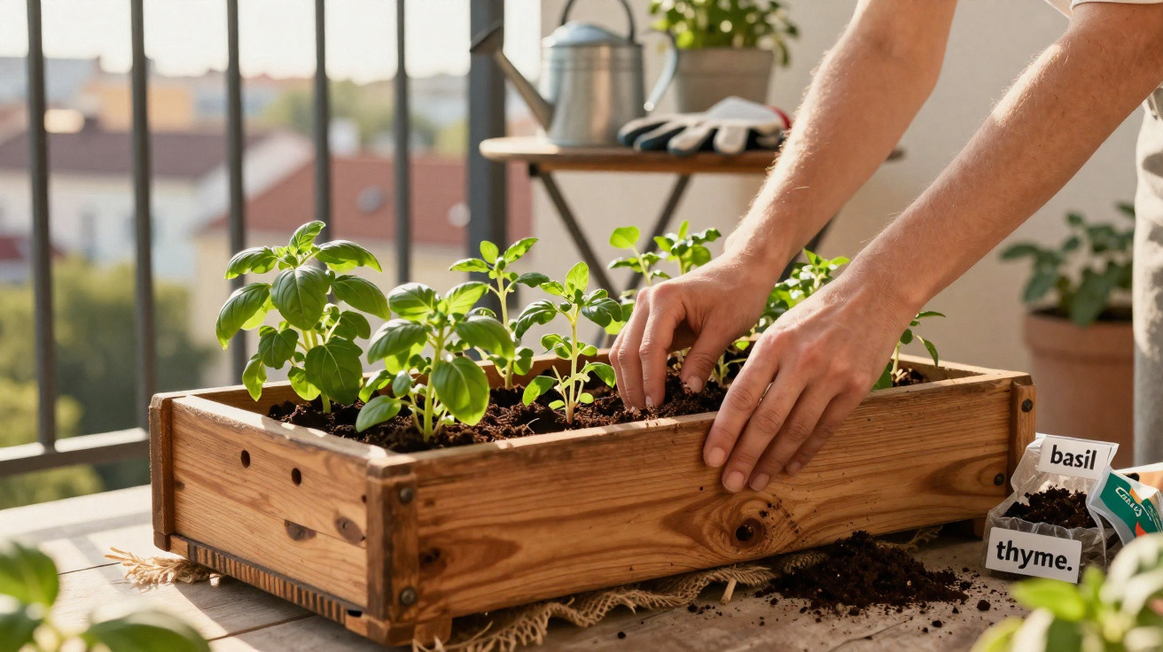 Hands planting herbs in a wooden planter box on a balcony with basil and thyme labels nearby.
