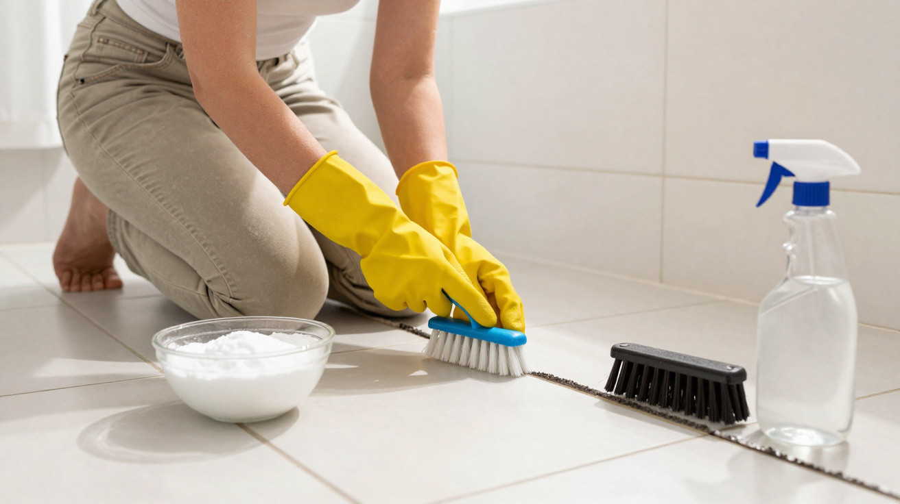 Person wearing yellow gloves scrubbing grout lines between white floor tiles with cleaning brushes and spray bottle nearby.