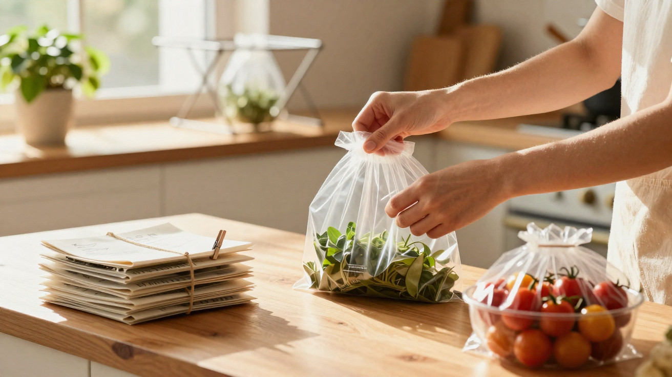 Person placing fresh herbs into a clear plastic bag on a kitchen counter with tomatoes nearby.