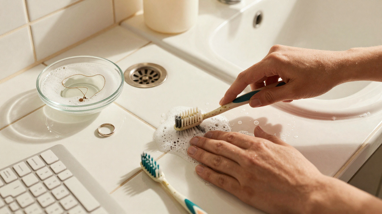 Person cleaning jewellery with a toothbrush and soap bubbles on a white bathroom sink counter.