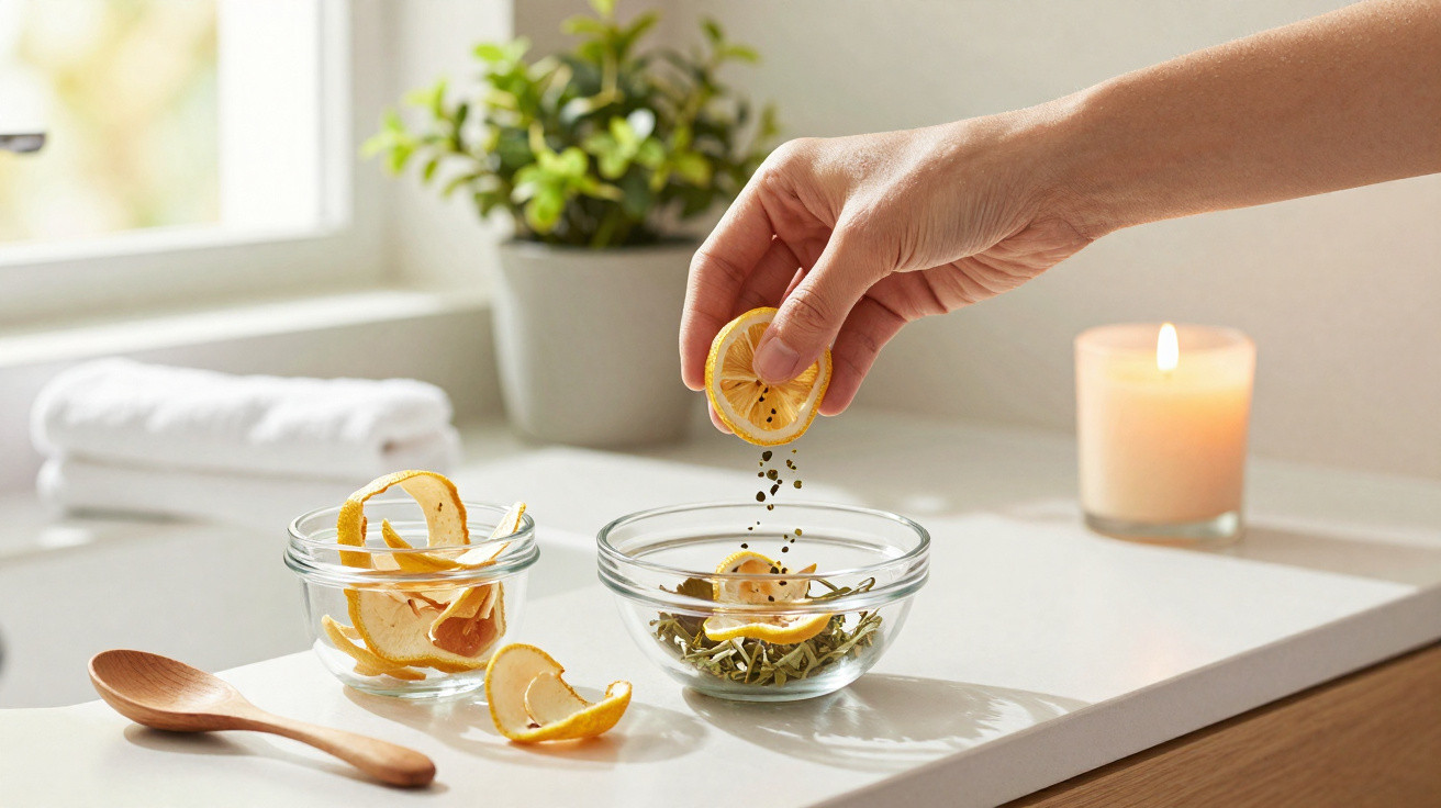 Hand sprinkling dried lemon slices and herbs into glass bowl on white kitchen countertop with candle and plant.