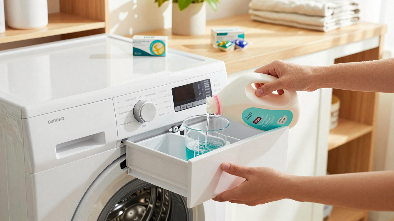 Person pouring liquid detergent into the detergent compartment of a white washing machine in a laundry room.
