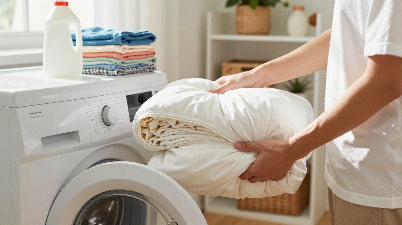 Person loading a white duvet into a front-loading washing machine with folded laundry and detergent nearby.