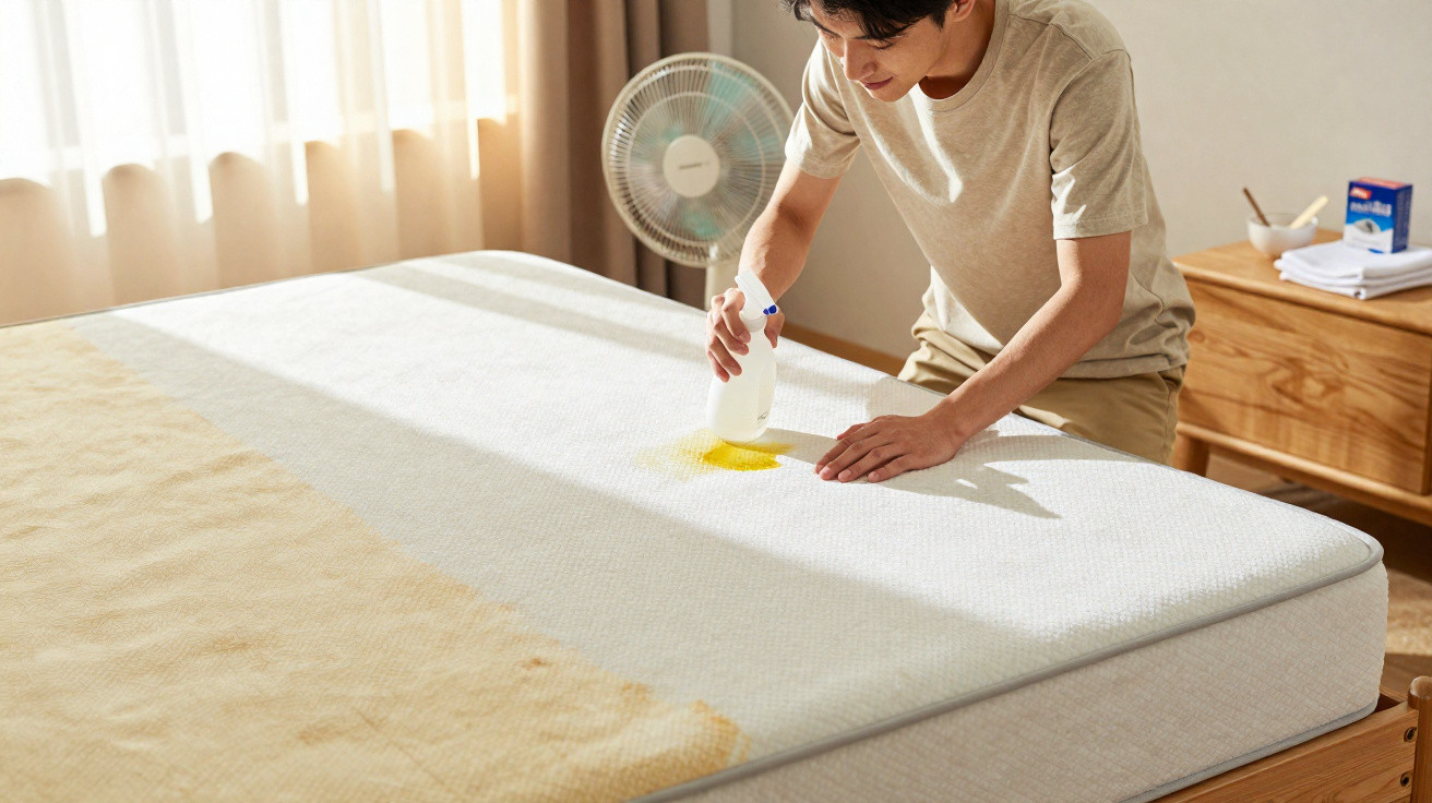 Person applying cleaning spray on mattress stain in a sunlit bedroom with a fan and wooden furniture.
