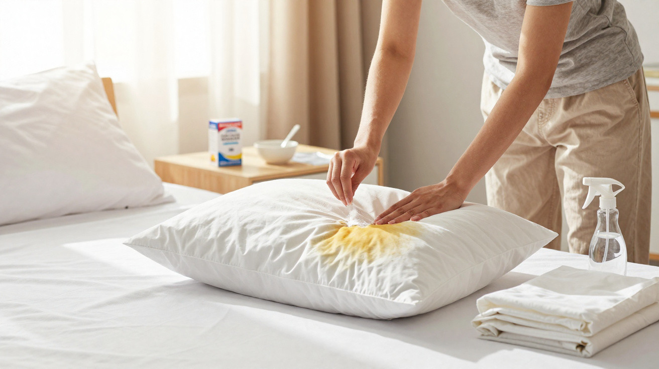 Person treating yellow stain on white pillow with cleaning solution in a bright bedroom setting.