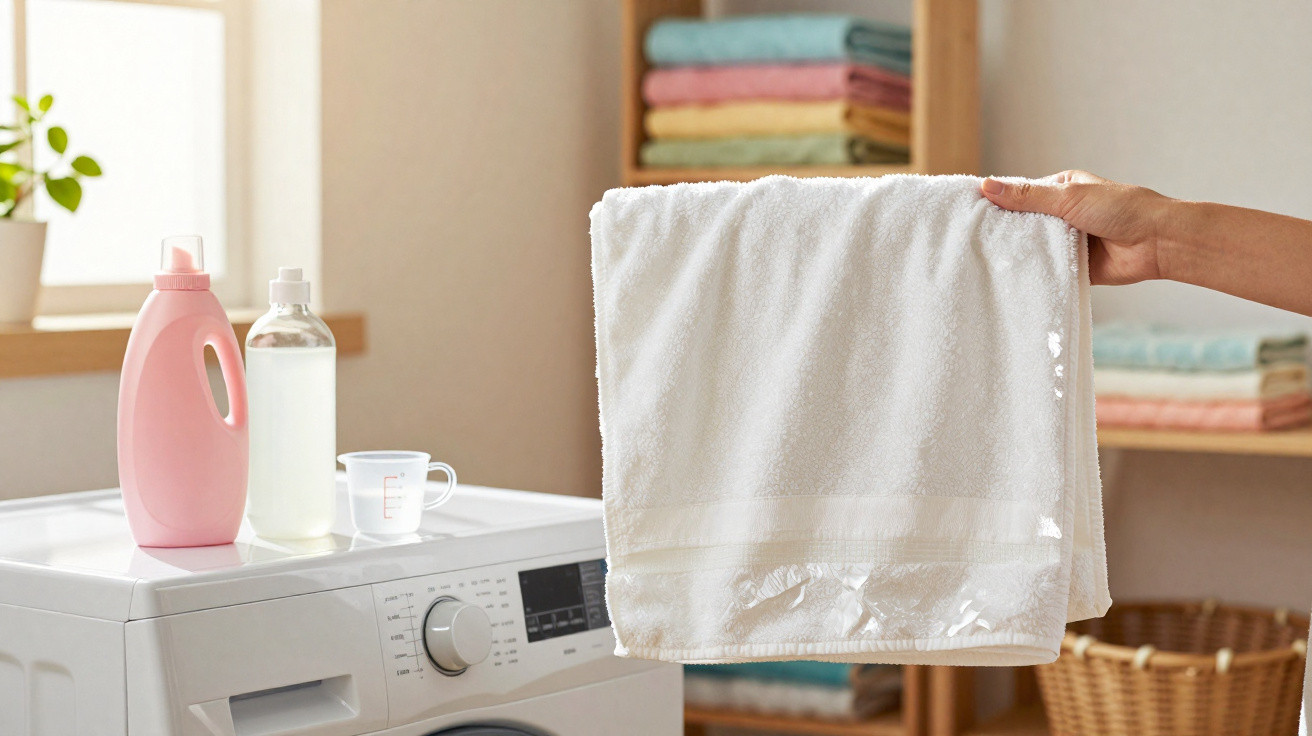 Hand holding a clean white towel over a washing machine with detergent bottles and folded towels in the background.