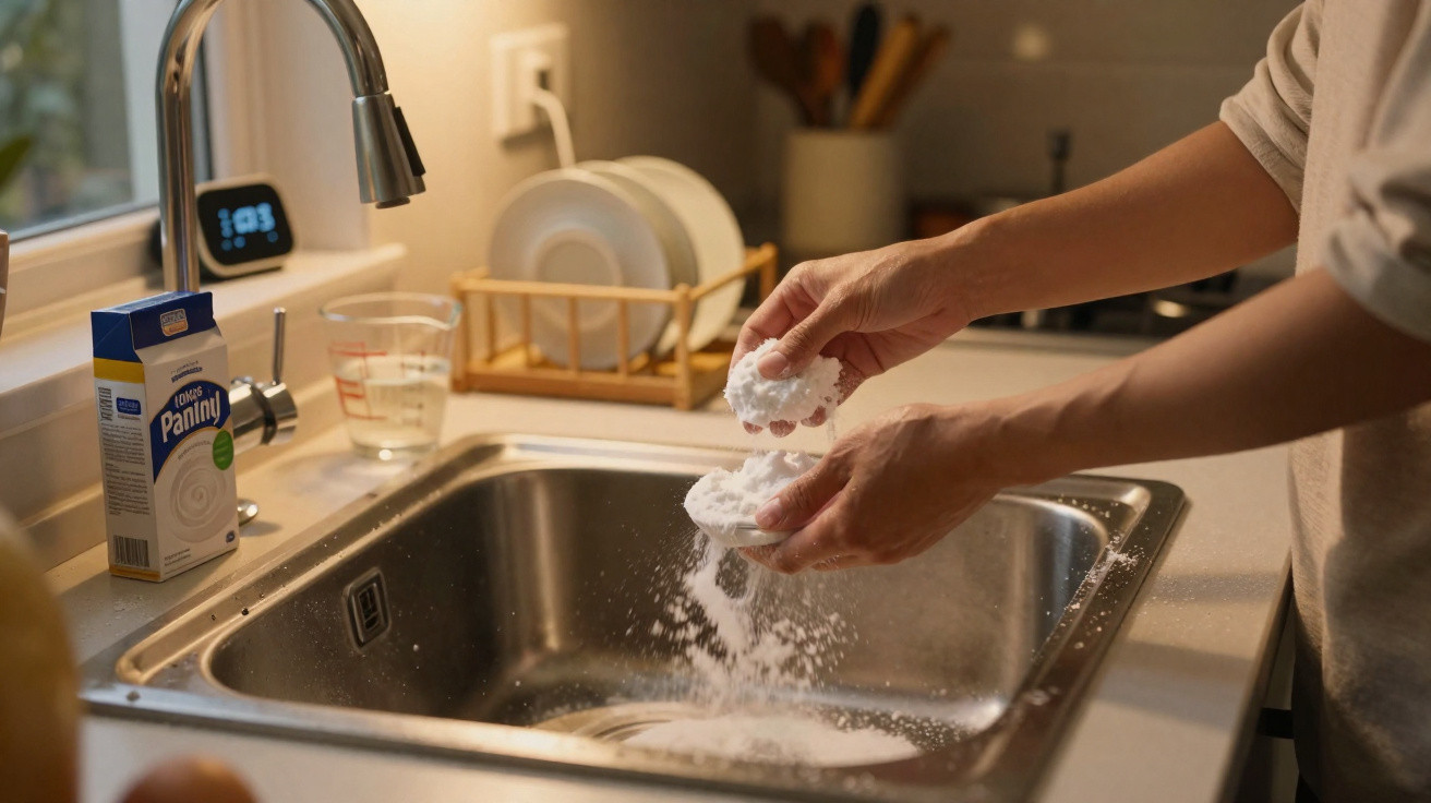 Person sprinkling baking powder into a stainless steel kitchen sink with drying rack and utensils in background.
