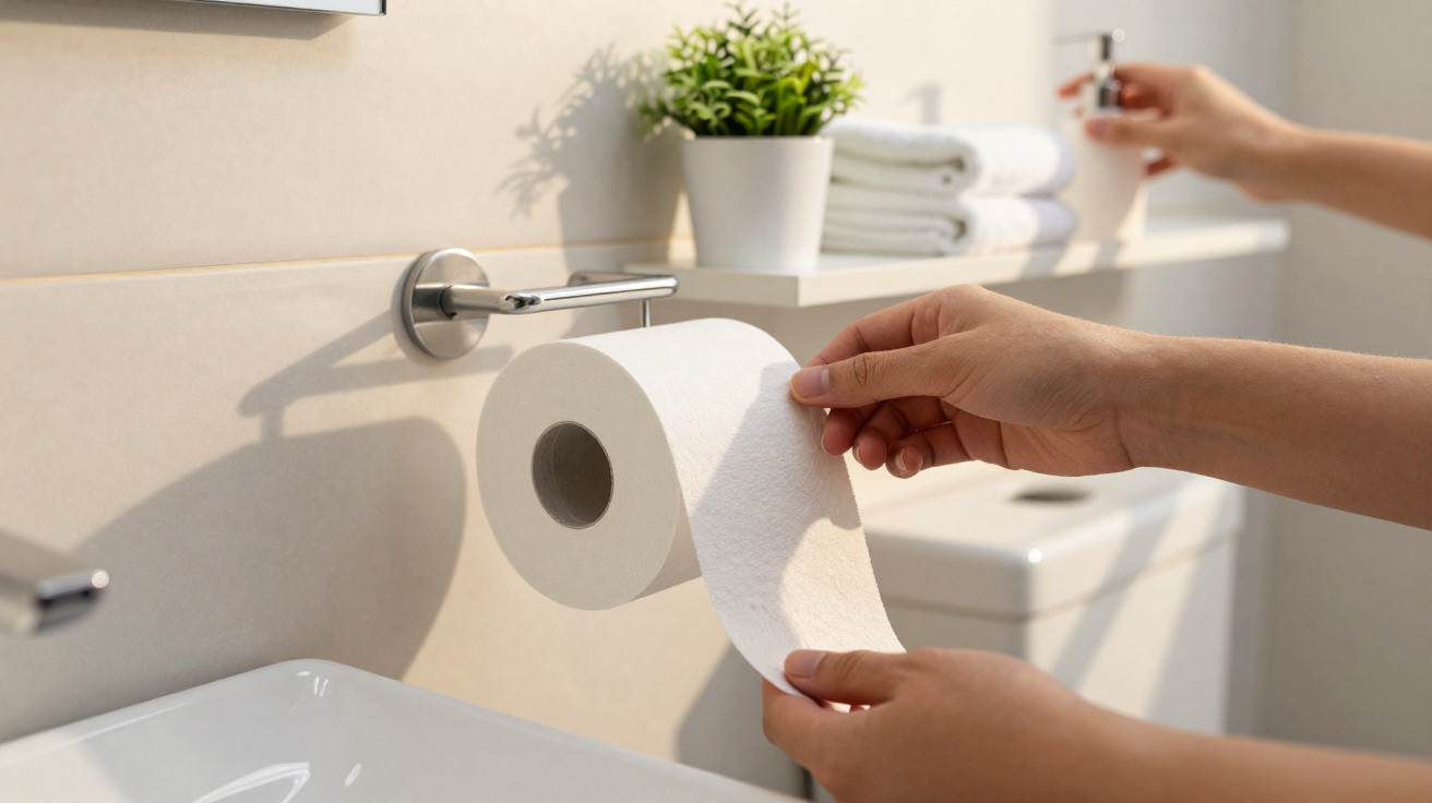 Hands pulling toilet paper from a roll in a bright, modern bathroom with a plant and towels in the background.