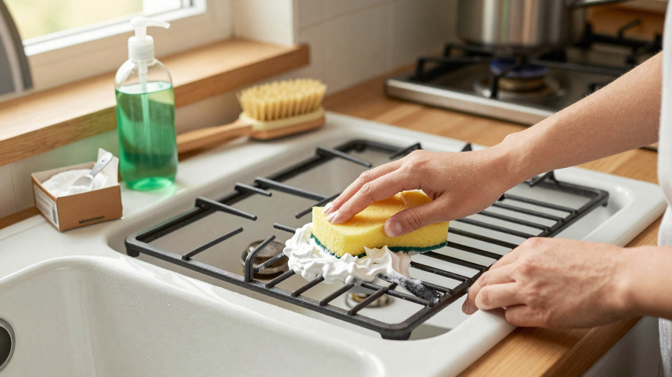 Person cleaning a gas stove grate with a yellow sponge and white cleaning foam in a kitchen.