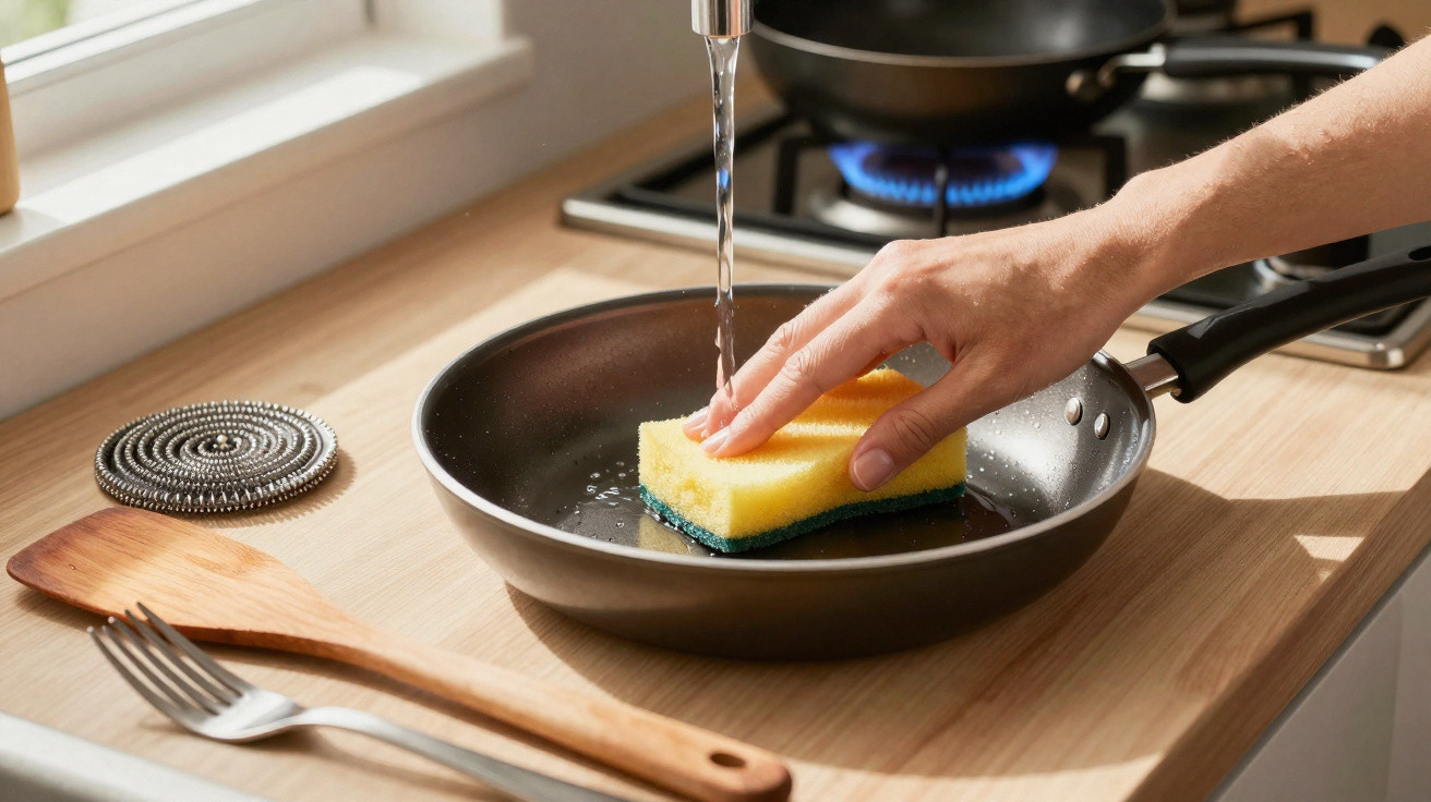Hand washing a frying pan with a yellow sponge under a running kitchen tap on a wooden countertop.