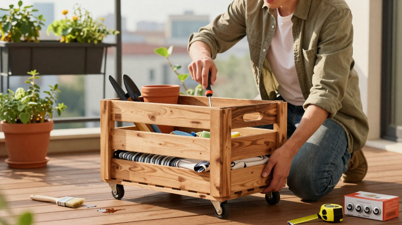 Person assembling a wooden rolling crate with gardening tools and pots on a wooden deck.