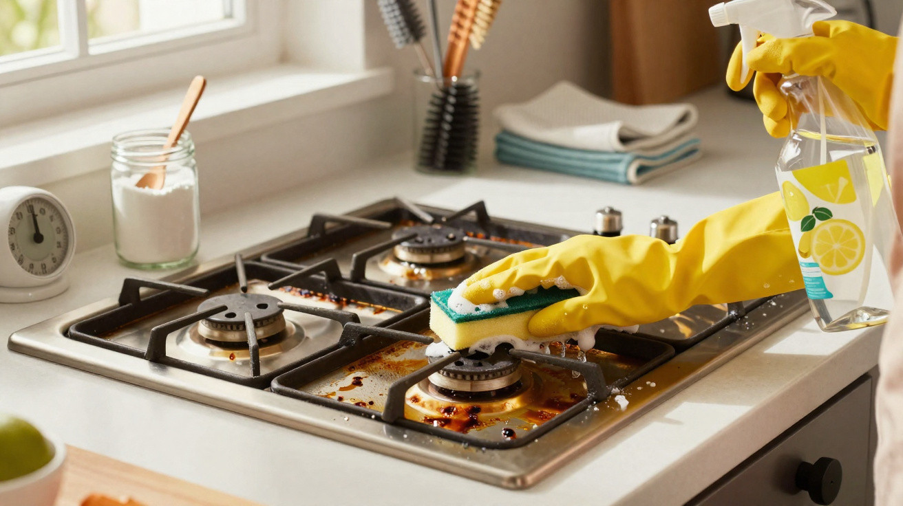 Person wearing yellow gloves cleaning a dirty gas stove with a sponge and spray cleaner.