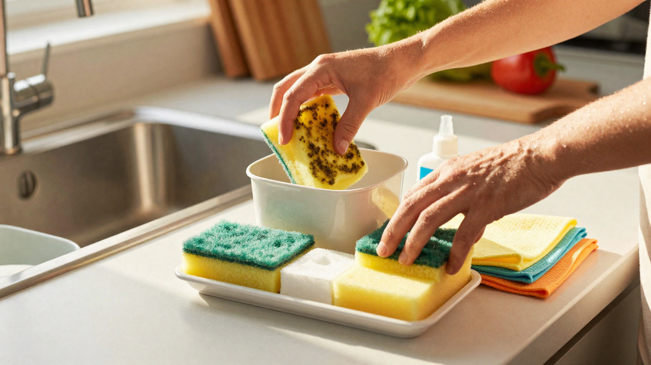 Hands placing a used yellow and green sponge into a white container on a kitchen counter near clean sponges and cloths.