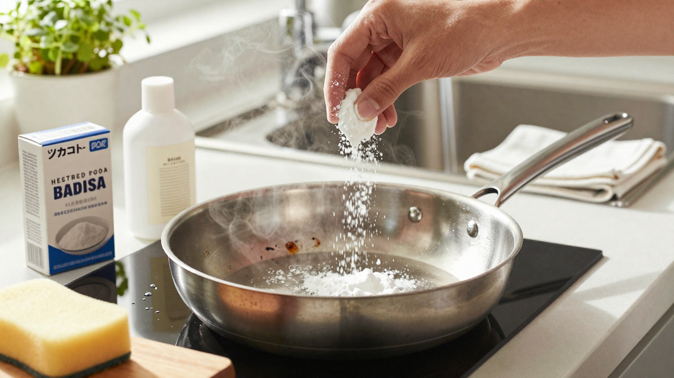 Hand sprinkling white powder into a hot stainless steel frying pan on a modern kitchen hob.