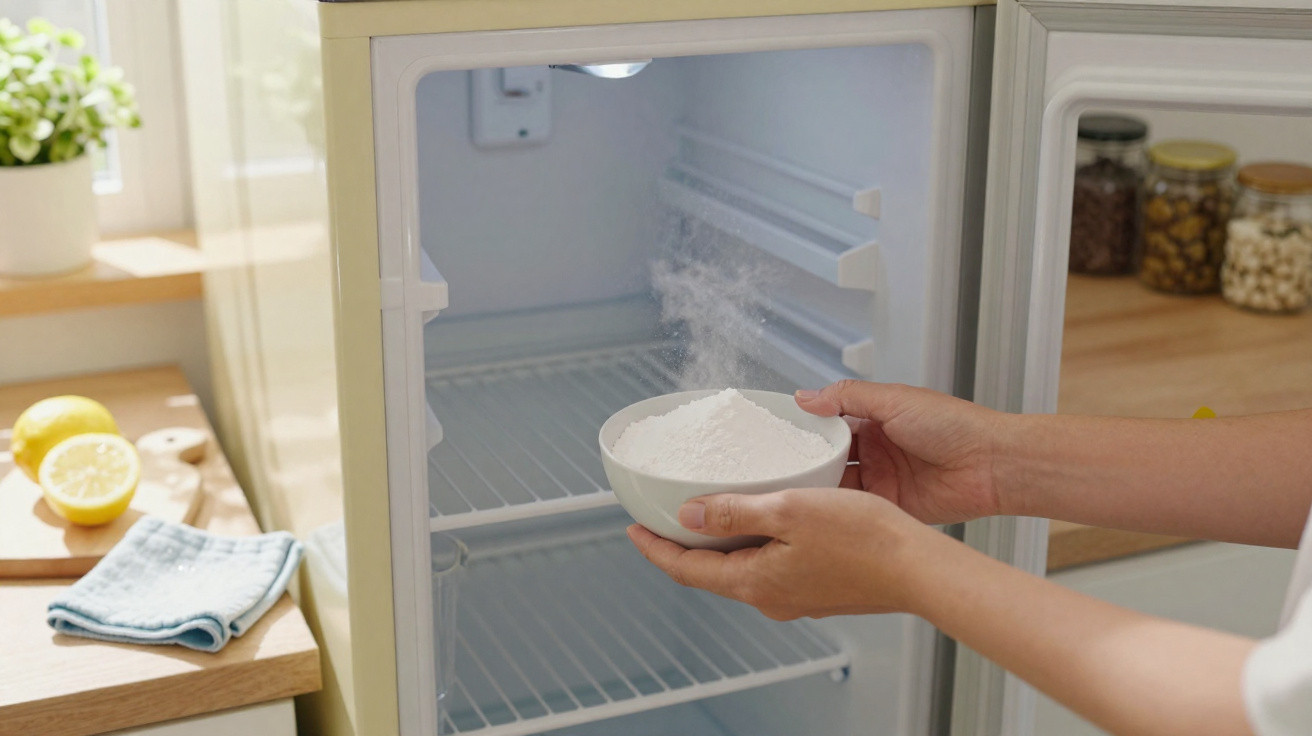Person placing a white bowl of baking soda inside an empty refrigerator for deodorising.