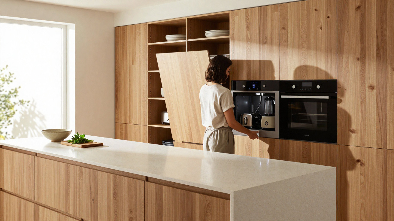 Person using built-in coffee machine in modern kitchen with wooden cabinets and large island countertop.