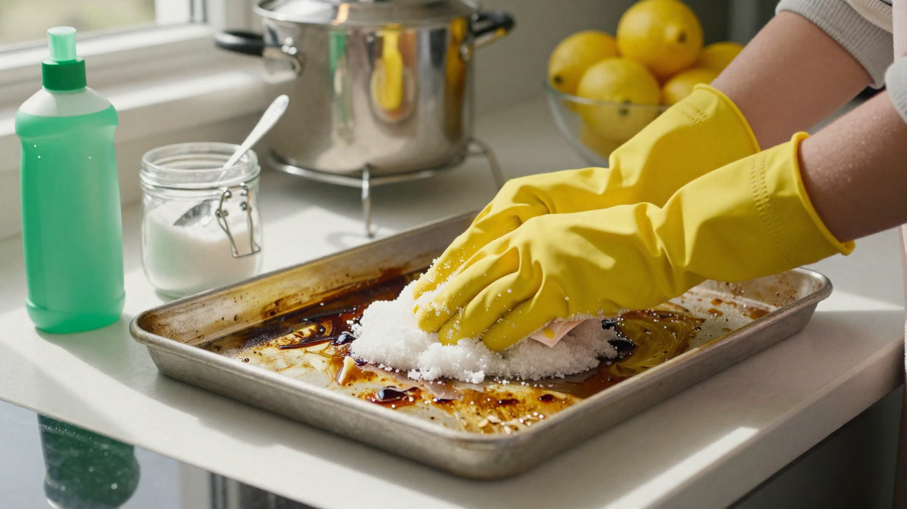 Person wearing yellow gloves scrubbing a greasy metal baking tray with salt on a kitchen counter.