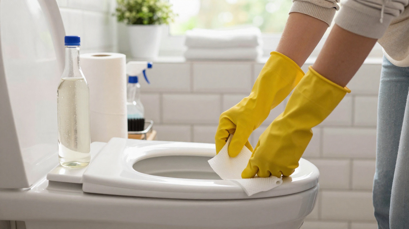 Person wearing yellow gloves cleaning a white toilet seat with a paper towel and cleaning products nearby
