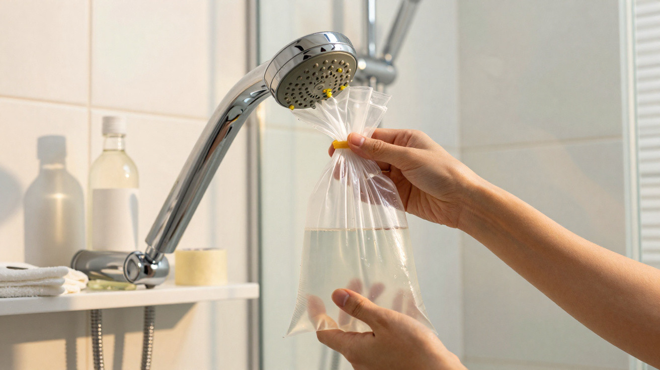 Hands filling a plastic bag with water from a chrome showerhead in a bathroom setting.