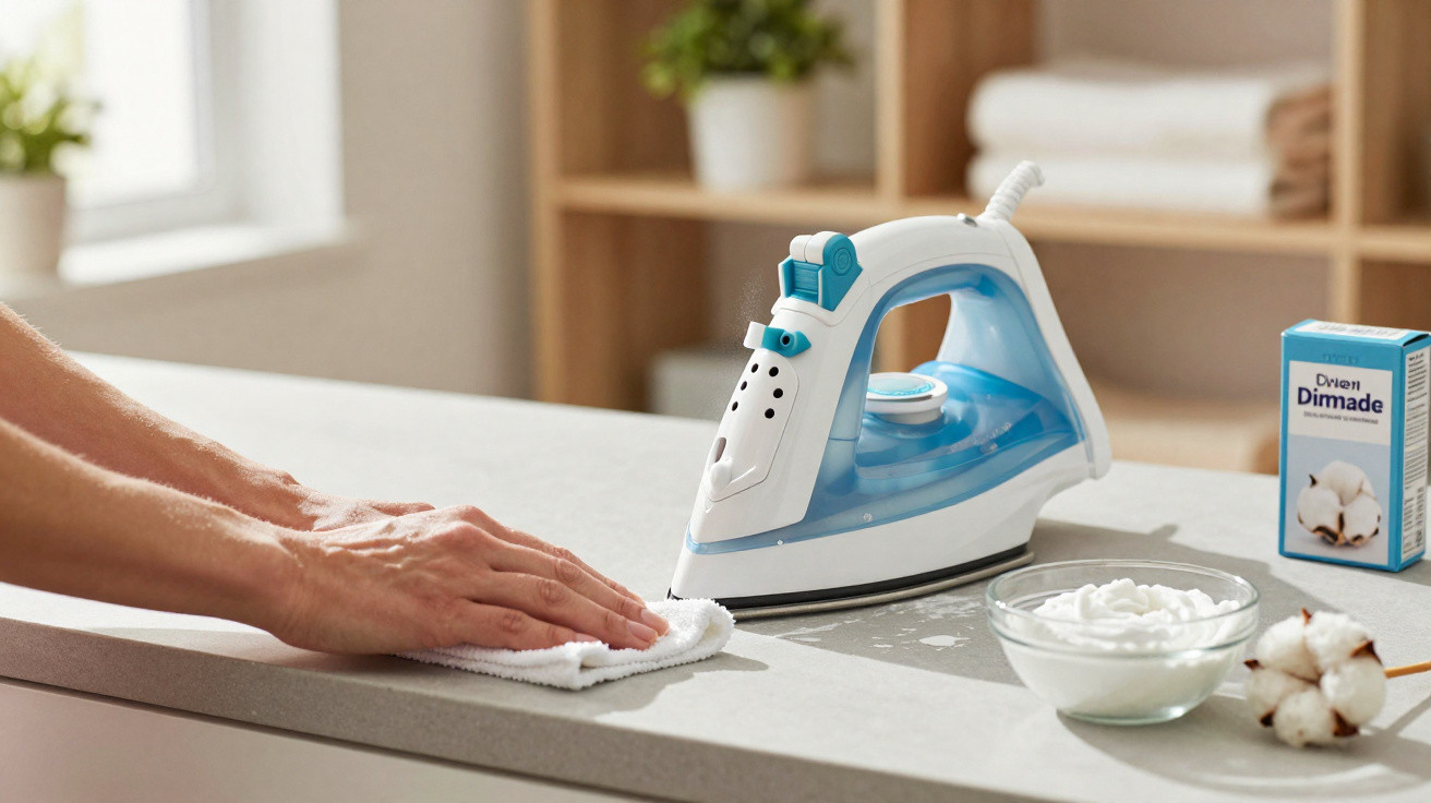 Person cleaning a spilled creamy substance off a kitchen countertop next to a blue and white steam iron.