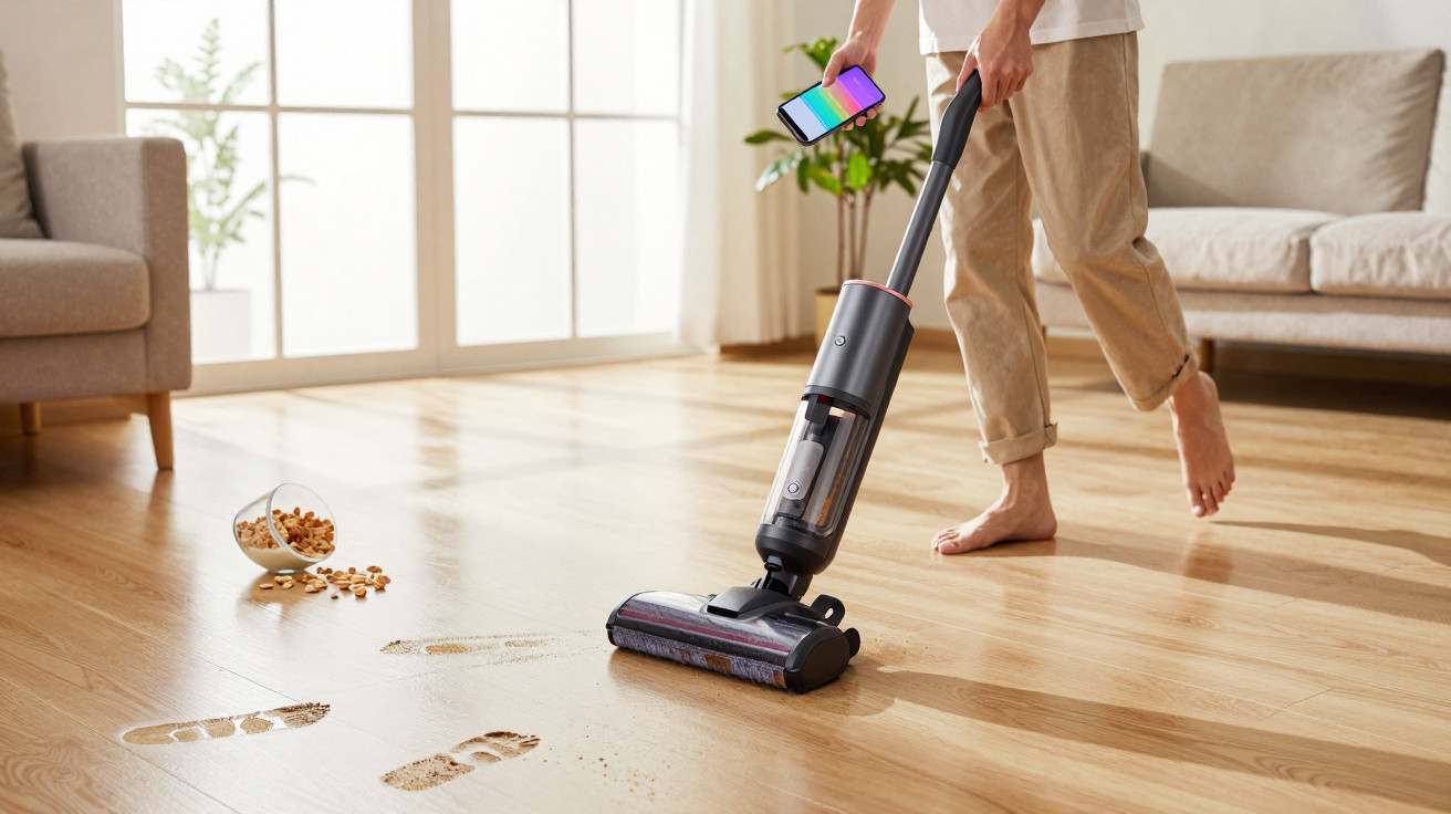 Person using a cordless vacuum cleaner to clean muddy footprints and spilled cereal on a wooden floor in a living room.