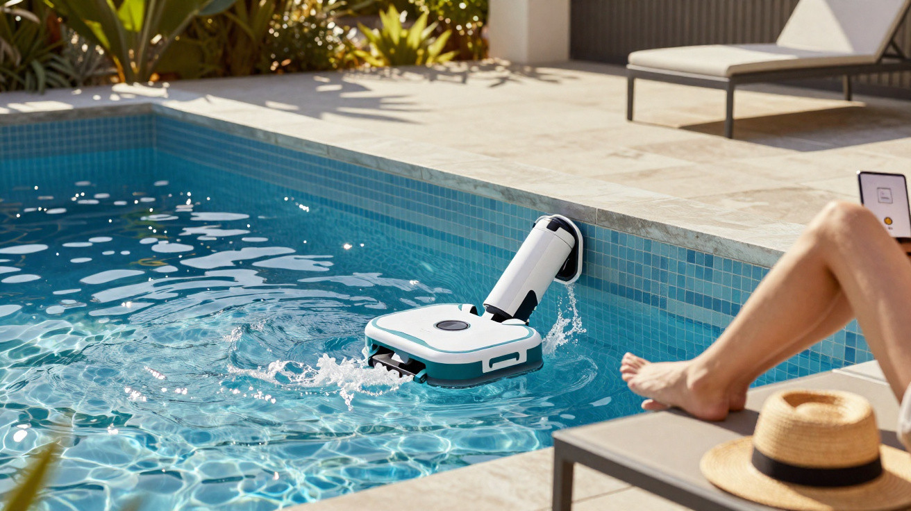 Robotic pool cleaner operating in a clear blue tiled pool beside a person lounging on a sunbed.