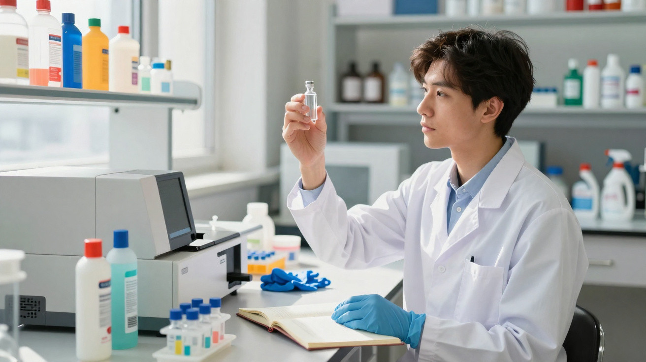 Scientist in lab coat and gloves examining small clear vial in bright laboratory with equipment and bottles.