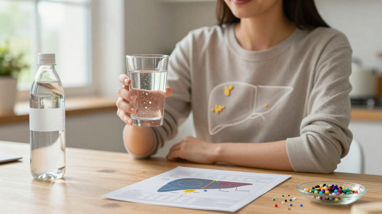 Woman holding a glass of water beside a water bottle, liver diagram, and colourful pills on a wooden table.