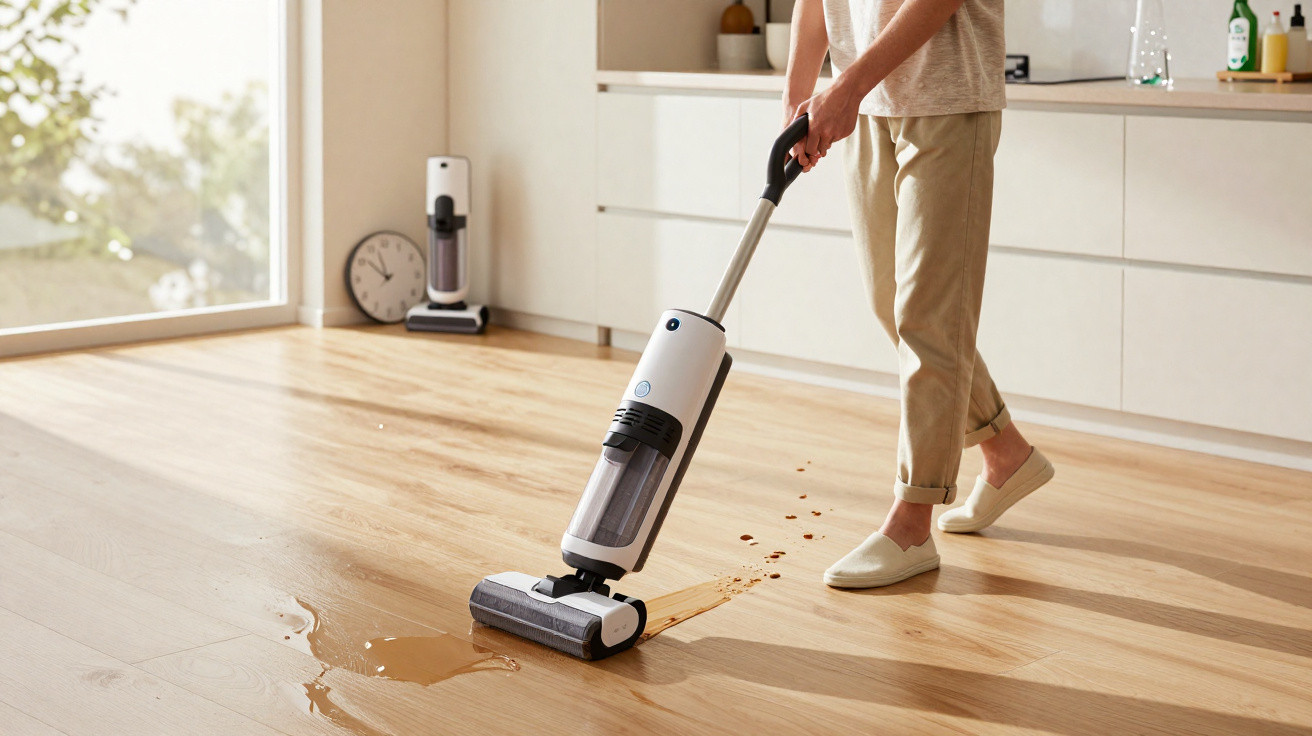 Person using a cordless vacuum to clean spilled liquid and dirt on a wooden kitchen floor.