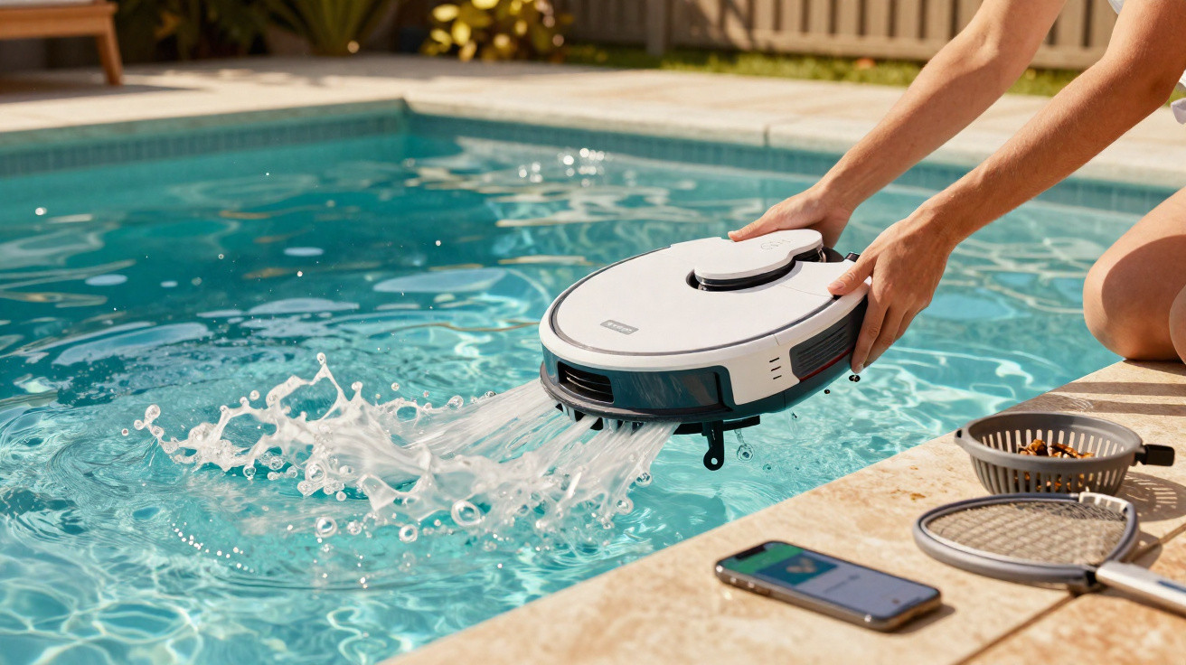 Person placing a robotic pool cleaner into a swimming pool with water splashing around it.