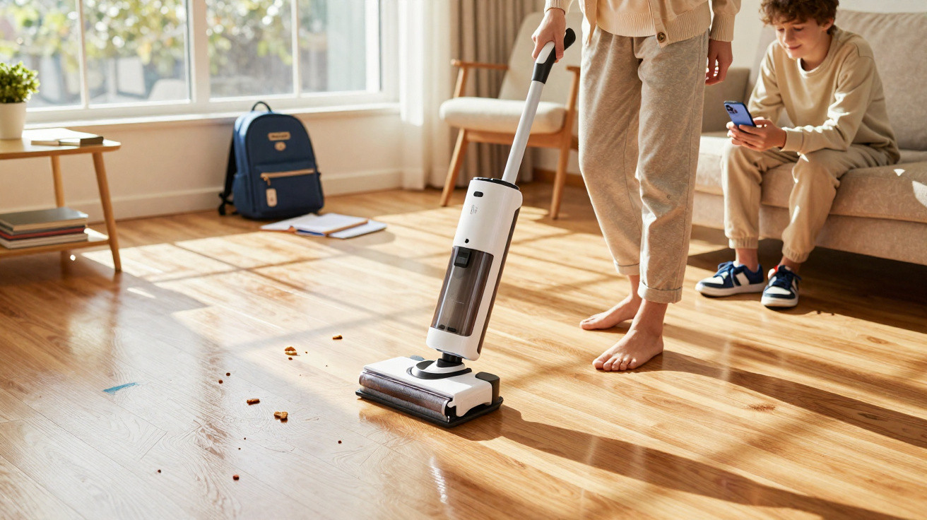 Person using a cordless vacuum to clean scattered crumbs on a sunlit wooden floor with a child sitting nearby.
